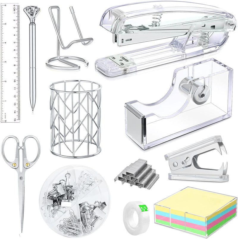 Famassi Office Desk Accessories, Acrylic Stapler, Staple Remover, Tape Holder, Pen Holder, Ballpoint Pen, Scissor, Binder Clips, 1000pcs Staples, Phone Holder, Ruler, Transparent Glue and 300 Notes - Image 1